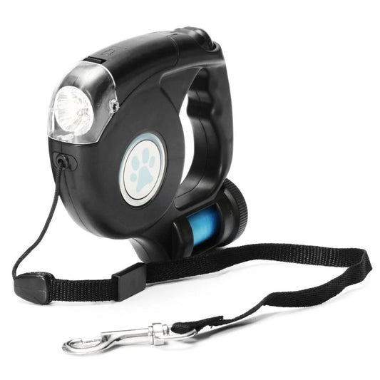 Retractable Dog Leash with LED flashlight and Poop Bag Dispenser All-In-One